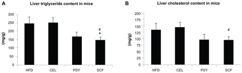 Figure 1 Effects of dietary fiber on hepatic lipid content in mice fed a HFD. Triglyceride and cholesterol levels in liver were measured after lipid extraction as described in the methods. (A) shows liver triglyceride concentration and (B) shows liver cholesterol levels. The results were normalized by protein concentrations.Notes: Mean ± standard error of the mean (n = 9/group). *P < 0.05, SCF-supplemented group vs HFD-only group; #P < 0.05, SCF vs CEL.Abbreviations: CEL, cellulose; HFD, high-fat diet; PSY, psyllium; SCF, sugar cane fiber.