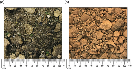 Figure 2. The two growing media used in this study; (a) Bioretention Grey to Green media (G2G); (b) Green roof Marie Curie Substrate (MCS).
