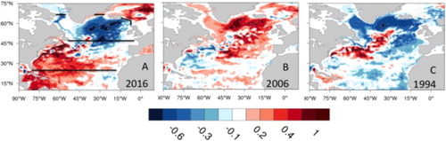 Figure 2.9.1. (a) North Atlantic temperature anomaly averaged over the upper 700 m depth for the year (A) 2016, (B) 2006 and (C) 1994 compared to the reference period 1993–2014 in °C. The anomaly is calculated as an ensemble mean of four global ocean reanalyses (product reference 2.9.1). The northern box indicates the region separated by the Davis Strait, Fram, Strait and 47°N named hereafter the subpolar gyre box and the southern box indicates the region separated between 47°N and the RAPID line at 26°N.