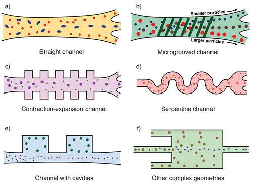 Figure 4. Commonly employed channel structures in inertial microfluidics: a) straight channel, b) microgrooved channel, c) contraction-expansion channel, d) serpentine channel, e) channel with cavities, f) other complex geometries. The flow is from left to right in all cases.