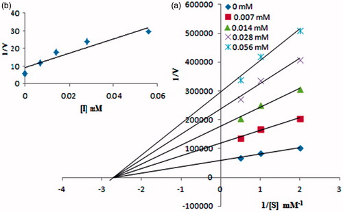 Figure 4. (a) Lineweaver–burk plots for the inhibition of compound 4e on mushroom tyrosinase for catalysis of L-DOPA. Inhibitor concentrations were 0, 0.007, 0.014, 0.028 and 0.056 mM. The (b) represents the secondary plot of 1/Vmax versus concentration of compound 4e to determine the inhibition constant (Ki).