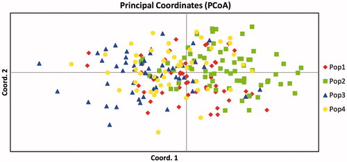 Figure 3. Principal coordinate plots (PCoA) for the RH Segugio Italiano, SH Segugio Italiano, Segugio Maremmano and Segugio dell' Appennino. Pop1: RH Segugio Italiano; Pop2: SH Segugio Italiano; Pop3: Segugio Maremmano; Pop4: Segugio dell' Appennino.