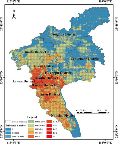 Figure 10. Grid assessment results of earthquake lethal risk in Guangzhou.