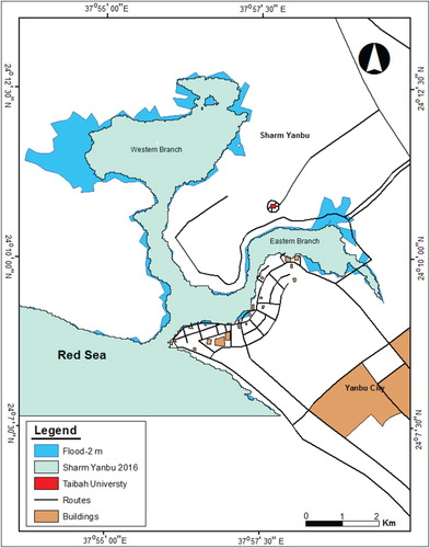 Figure 7. Areas within the sharm that is likely to be flooded when the water level rises to 2 metres and more.