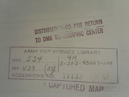 Figure 2. An AMS processing stamp that includes such information as the date of the map, the AMS accessions number and date, and a note that is a “captured map.”