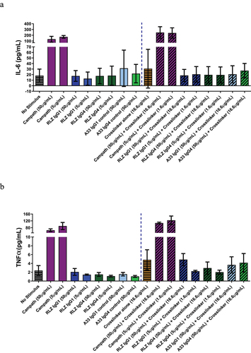 Figure 4. Rozanolixizumab does not induce the release of IL-6 (a) or TNFα(b) from whole blood/HUVEC cultures.