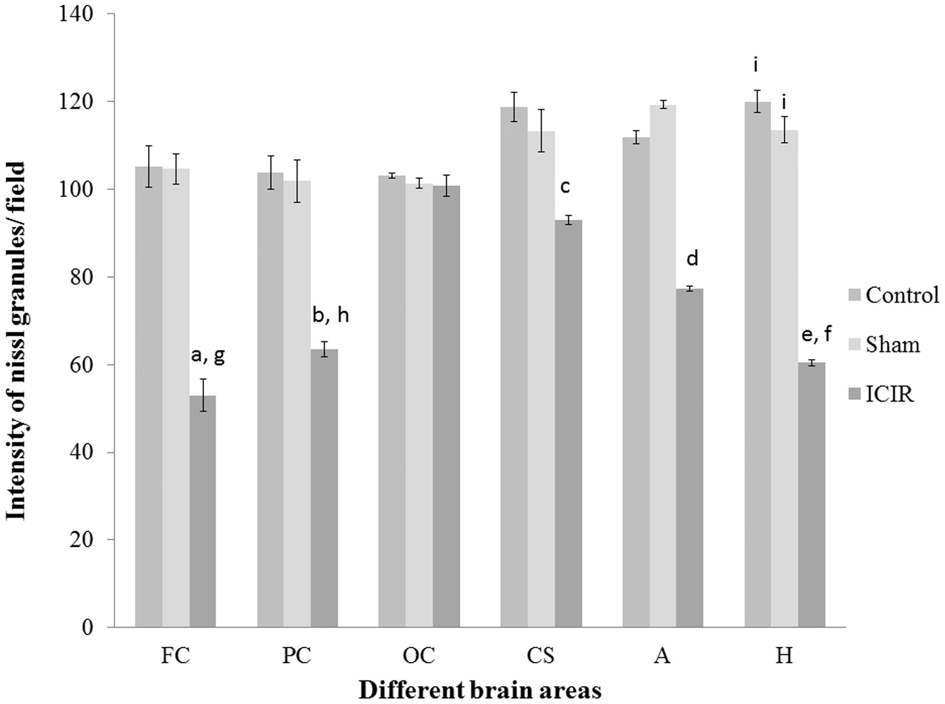 Figure 3. Intensity of Nissl granules in different brain areas of rats. Significant difference (p < 0.001) between control (C)/sham-operated (S) rats vs ICIR hosts in (a) frontal cortex, (b) parietal cortex, (c) corpus striatum, (d) amygdala and (e) hippocampus. In ICIR hosts, significant difference (p < 0.001) between (f) hippocampus/(g) frontal cortex vs amygdala, corpus stratum, occipital cortex. In ICIR hosts, significant difference (p < 0.01) between (h) parietal cortex vs corpus striatum. In control/sham operated hosts, significant difference (p < 0.01) between (i) hippocampus vs frontal, parietal and occipital cortex. A,Amygdala; CS, Corpus striatum; FC, Frontal cortex; H, Hippocampus; OC, Occipital cortex; PC, Parietal cortex. Values shown are means ± SEM (n = 6/group).