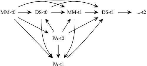 Figure 1. Simplified DAG.Note: MM = Multimorbidity; PA = Positive affect; DS = Depressive symptoms. Depicted time-points t0 and t1. Confounding factors and time-points t2 and t3 omitted for illustration purposes.