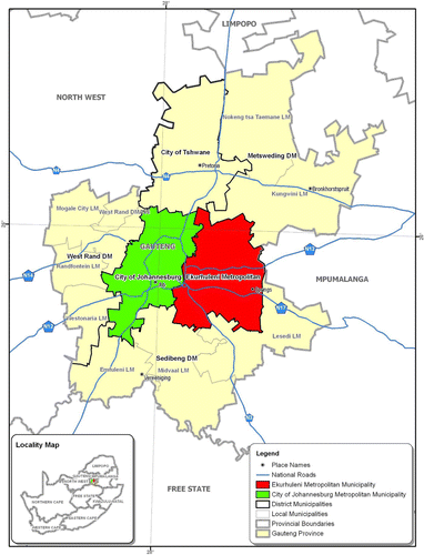 Figure 2: Location of Ekurhuleni and City of Johannesburg, Gauteng Province