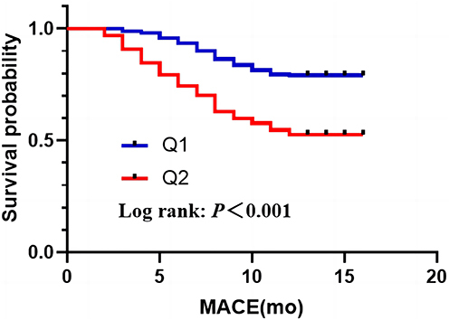 Figure 2 Kaplan-Meier survival curves of MACEs in STEMI patients according to the level of SII and NT-proBNP. Based on the median SII and NT-proBNP (Group Q1, SII ≤1240.61 or NT-proBNP ≤280.53; Group Q2, SII>1240.61 and NT-proBNP >280.53).