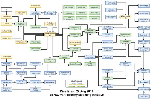 Figure 5. Conceptual model of all the components and linkages of fisheries on the west Florida Shelf built by NOAA fishery biologists and social scientists in a participatory group conceptual model-building initiative. Blue boxes are human related, yellow boxes are physical components, and green are biological components. Credit: Southeast Fisheries Science Center/Mandy Karnauskas.