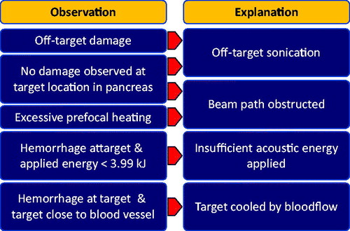 Figure 2. Explanations for the absence of coagulative necrosis at the target location of the pancreas (right column) and supporting evidence (left column). The complete absence of damage may be due to off-target sonication or an obstruction of the beam path.