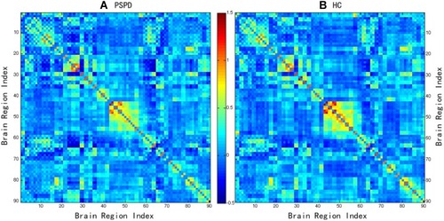 Figure 1 90×90 FC matrix of PSPD patients and HCs. The number in the axis stand for the 90 AAL cerebrum regions. Red represents positive functional connectivity; the dark color indicates large z-score. Blue represents negative functional connectivity; the darker color indicates the smaller the z-score. (A) 90×90 FC matrix of PSPD patients; (B) 90×90 FC matrix of HCs.