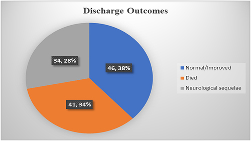 Figure 1 Tuberculous meningitis treatment outcome at discharge among children admitted and treated in HFCSUH from 2017 to 2021 (N=121).