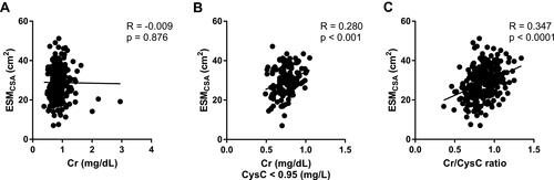 Figure 3 The figures show the correlation analyses between serum Cr levels and ESMCSA measured from chest CT in the total patient sample (A) and in patients with normal serum CysC levels (B), and the correlation analysis between the serum Cr/CysC ratio and ESMCSA (C). The Cr levels in patients with normal CysC levels and the Cr/CysC ratio are significantly correlated with ESMCSA.