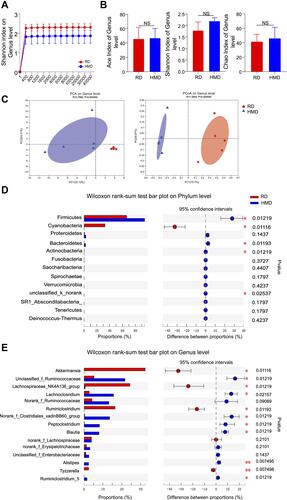 Figure 5 The composition of gut microbiota is altered by methyl donor supplement. Fecal samples from RD and HMD groups of mice were analyzed by 16S rRNA sequencing. Dilution curves (A), α-diversity (B), β-diversity (C), and species composition (D, E) were in A-E. The data were analyzed on the free online platform of Majorbio Cloud Platform (www.majorbio.com). The data are shown as means ± SD. *P < 0.05, **P < 0.01.