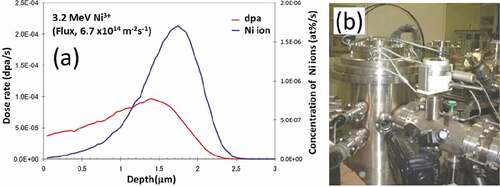 Figure 1. (a) SRIM calculation of the damage distribution in Zr irradiated by Ni ions at 3.2 MeV and (b) the specimen chamber used for the irradiation.