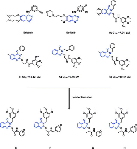 Figure 1. Structures of erlotinib, gefitinib, reported compounds A–D, and designed quinazoline derivatives E–H as antitumour agents.
