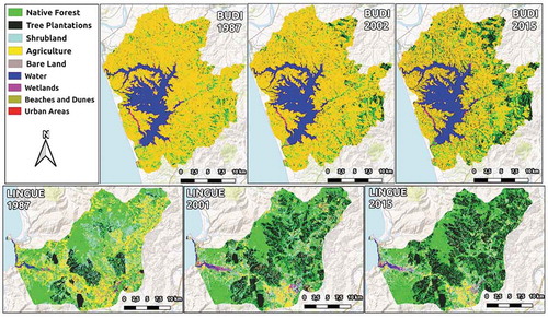 Figure 2. Land use/cover change for the Budi and the Lingue basins between 1987 and 2015