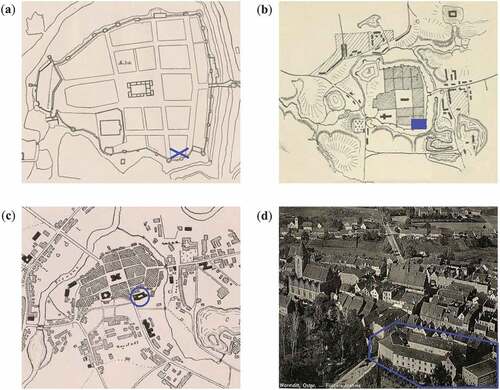 Figure 2. Location of the monastery of congregation of the sisters of St. Catherine located in Orneta: (a) city plan from 1627 from the collection of “Kriegsarchiv” in Stockholm, (b) urban layout according to Giesego early 19th century, (c) city plan from 1940, (d) panorama of the city in the 1930s (Hliwiadczyn, Cholewska, and Grunwald Citation2018).