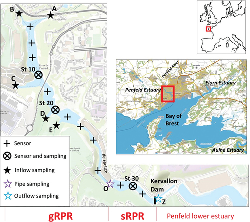 Figure 1. Study area and sampling stations along the Ria Penfeld reservoir; gRPR and sRPR correspond to the great Ria Penfeld reservoir and the small Ria Penfeld reservoir, respectively. A, B, C, D, E, O and Z correspond to the sampling at the different tributaries and outlets; crosses correspond to stations were temperature, salinity and dissolved oxygen profles were realised; St 10, St 20 and St 30 correspond to the sampling stations were water samples were collected at different depths.