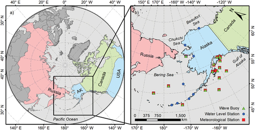 Figure 1. Study area, including Alaska and Eastern Siberia, as well as the hydrometeorological stations used to assess the hydrodynamic and wave modeling approach.