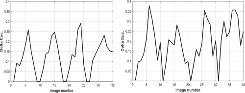 Figure 7. Euclidian distance between native and post-CPB stages as the function of image number for (a) patient#1 (b) patient#2