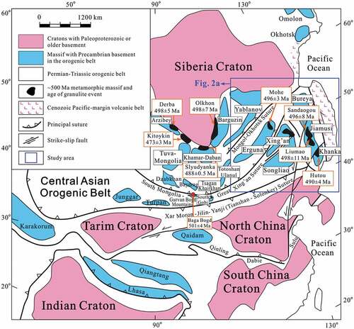 Figure 1. Schematic diagram showing main Precambrian tectonic units of central and Eastern Asia (modified from .Zhou et al. Citation2009 and updated by Demoux Citation2009 and Degtyarev et al. Citation2017). Note: Cambrian granulite-facies rocks in the Altai-Sayan and Baikal orogens of the southern Siberia Craton with ages for the Derba Massif are after Nozhkin et al. (Citation2004), the Kitoykin Massif is after Donskaya et al. (Citation2000), the Slyudyanka Massif after Salnikova et al. (Citation1998), the Baga Bogd Massif after Demoux et al. (Citation2009) and the Olkhon Massif after Gladkochub et al. (Citation2008). Cambrian granulite-facies rocks in NE China known from the Sandaogou and Liumao areas of the Jiamusi Massif are after Wilde et al. (Citation1997, Citation2000; for locations, see (Figure 2(b)), the Mohe Complex of the Erguna Massif from Zhou et al. (Citation2011a), and the Hutou Complex of the Khanka Massif from Zhou et al. (Citation2010b) and Wilde et al. (Citation2010)