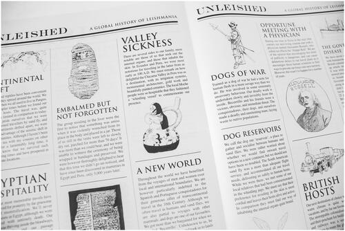 Figure 3. The ‘Unleished’ newspaper including historical stories of Leishmania in Para-Site-Seeing: Departure Lounge. ©Erika Stevenson 2019.