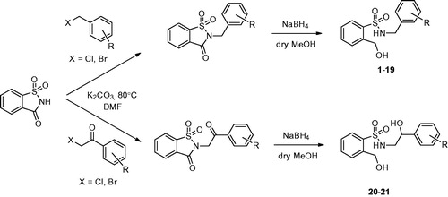 Scheme 1. Synthesis and structure of compounds 1–21. For R substituents see Table 1.