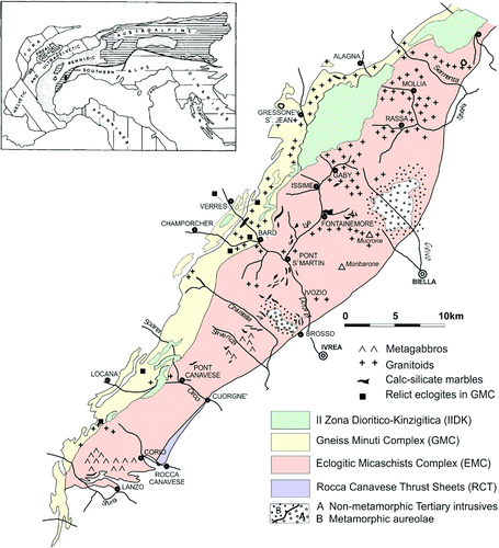 Figure 1. Tectonic sketch of the Sesia-Lanzo Zone redrawn after Compagnoni et al. (Citation1977), Passchier et al. (1981), Spalla & Zulbati (2003) and location of the SLZ in the Alpine chain (inset).