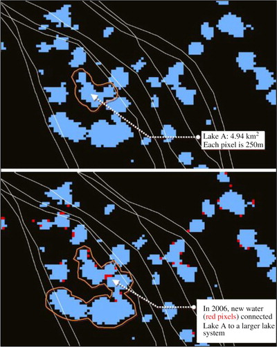 Fig. 5.  Effect of increase in surface water in the study area. The top image shows water areas detected in 2005. Blue pixels indicate existing open water. White lines indicate approximate locations of historic migration paths used by the herders.