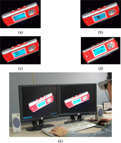 Figure 9. VP model for the MP3 player at four different states: (a) MP3 play; (b) mode select; (c) FM radio; (d) hold; and (e) VR-based product design evaluation.