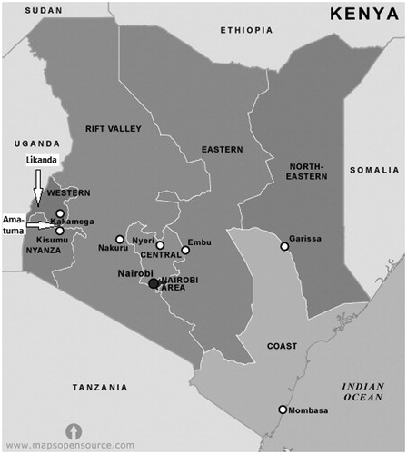 Figure 1. Study villages in Kenya. Source: http://mapsopensource.com/kenya-map-black-and-white.html accessed 5 June 2017. Map licensed under a Creative Commons Attribution 3.0 Unported License (see https://creativecommons.org/licenses/by/3.0/deed.en_US); labels are ours.