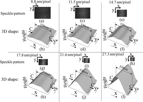 Figure 12. Measured result (Length of one pixel on each image). (a) Specklepattern (8.8 nm/pixel), (c) Specklepattern (11.5 nm/pixel), (e) Specklepattern (14.7 nm/pixel), (g) Specklepattern (17.8 nm/pixel), (i) Specklepattern (21.6 nm/pixel), (k) Specklepattern (27.3 nm/pixel). (b) Three dimensional shape (8.8 nm/pixel), (d) Three dimensional shape (11.5 nm/pixel), (f) Three dimensional shape (14.7 nm/pixel), (h) Three dimensional shape (17.8 nm/pixel), (j) Three dimensional shape (21.6 nm/pixel), (l) Three dimensional shape (27.3 nm/pixel).