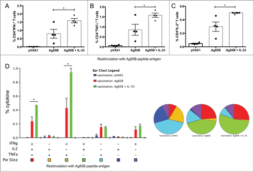 Figure 2. IL-33 augments cytokine production by Ag85B-specific CD4+ (T)cells following DNA immunization. Cytokine-recall responses to TB Ag85B antigen were measured one week after last immunization by ICS and flow cytometry. (A-C), column graphs depict the total TB-specific CD4+ T cells expressing IFNγ (A), TNFα (B) and IL-2 (C). (D) Polyfunctional flow cytometry was used to determine the percentages of multifunctional CD4+ T cell cytokine profiles. The bar chart shows the percentage of Ag85B-specific CD3+CD4+ T cells displaying triple, double, or single release of the cytokines IFNγ, TNFα, and/or IL-2+. Pie charts show the proportion of each cytokine subpopulation to Ag-specific stimulation. Experiments were performed independently at least twice and data represent the mean ± SEM of 4 mice per group. *, P < 0.05 compared with Ag85B non-adjuvanted group.