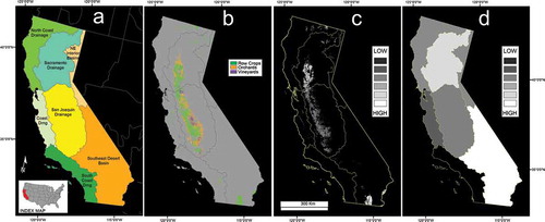 Figure 10. Illustration of calculating neighborhood anomalies. (a) NOAA climate divisions. (b) Cultivated mask derived from USDA-CDL for 2007–2013. (c) The median NDVI range value for all pixels classified as row crops calculated within each climate division, June 2014. (d) The median row crop NDVI range value extrapolated throughout the entire climate division. Global statistics were used to calculate the median NDVI and range values within each climate division, or neighborhood.