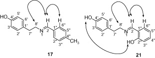 Figure 1. Key NOESY correlations of compounds 17 and 21.