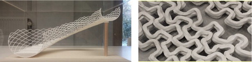 Figure 10. One of the submitted designs (a staircase, by BiermanHenket Architects, (a) 3D printed scale model) for a 2015 design challenge for architects on the 3D printing of concrete, and the (b) printed part of the railing. The railing pattern had to be adjusted, and a bespoke curved print surface had to be produced to obtain the design intent.