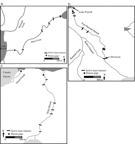 FIGURE 2.  (a) Map of Aiken Creek showing locations of active layer transects. (b) Map of von Guerard Stream showing locations of active layer transects. (c) Map of Delta Stream showing locations of active layer transects