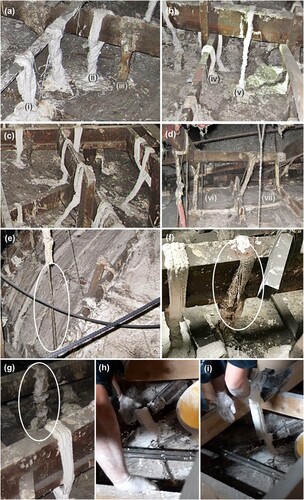 Figure 2. Close-up view of differing fibrous plaster wads in situ: (a) (i) Repair wad with visible scrim pattern, (ii) repair wad with twists of plaster-soaked scrim, and (iii) a historic degraded wad left in place; (b) Repair wads over a structural timber beam, (iv) short and (v) long wads; (c) Repair wads at angles – less efficient in carrying load; (d) (vi) and (vii) In situ exposed looped-twisted steel wires, note the dust layer on wads and wires; (e) Degradation of wad along the length showing exposed wire; (f) Degraded wad with exposed scrim (Barrett Citation2019); (g) Historic wad degraded along the length in contrast with a new repair wad; (h) and (i) Operative placing a new, repair wad in situ.