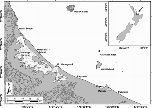 Figure 1. Tauranga harbour and Bay of Plenty coastline. Location of the Rena grounding, Astrolabe Reef, marked with an asterisk.