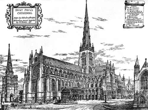 Figure 4. Late nineteenth century interpretation of the medieval cathedral. Paul’s Cross (centre) is shown relative to the charnel (right).