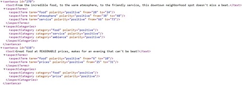 Figure 1. XML snippet of SemEval2014 restaurant Dataset.