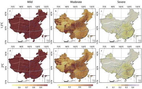 Figure 6. Spatial patterns of drought hazard indexes in China for 1.5°C and 2°C of global warming under the RCP8.5 scenario.