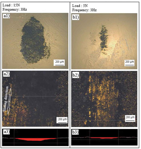 Figure 10. Optical profilometer images of worn surface counterparts under different loads (Frequency: 3 Hz) (a) 15 N, (b) 5 N, a1) and b1) represent top views of Al2O3 ball; a2) and b2) corresponding counterpart top views of the coating; a3) and b3) cross-section views of worn track