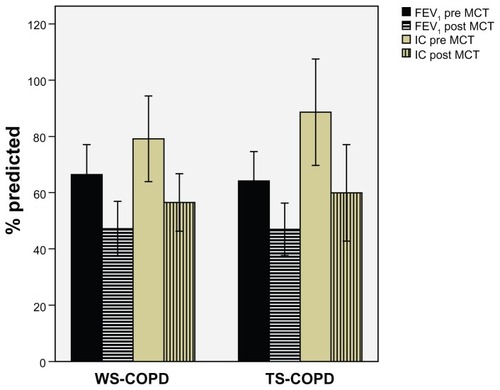 Figure 1 Decline in FEV1 and IC (% predicted) after the methacholine challenge test for WS-COPD and TS-COPD groups.Note: Error bars ± 1 SD.Abbreviations: COPD, chronic obstructive pulmonary disease; WS-COPD, wood smoke COPD; TS-COPD, tobacco smoke COPD; FEV1, forced expiratory volume in the first second; IC, inspiratory capacity; MCT, methacholine challenge test; SD, standard deviation.
