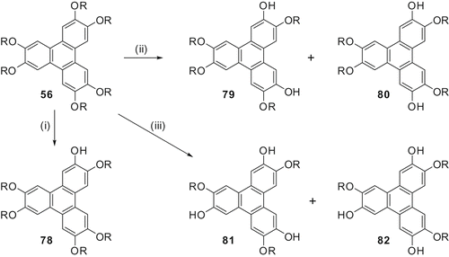 Scheme 17. Synthesis of mono-, di- and trihydroxy-TPs using B-bromocatecholborane: (i) Cat-B-Br, 1.2 eq.; (ii) Cat-B-Br, 2.5 eq.; (iii) Cat-B-Br, 3.6 eq.