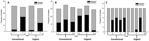 Fig. 1 Frequency of azoxystrobin-sensitive and -resistant Cercospora beticola isolates collected from conventional and organic table beet fields in 2015 (a), 2016 (b), and 2017 (c) based on in vitro conidial germination assays.