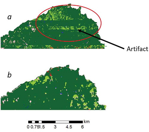 Figure 6. Snippet of 2011 pixel-based hybrid projected image (a) compared to object-based hybrid (b).